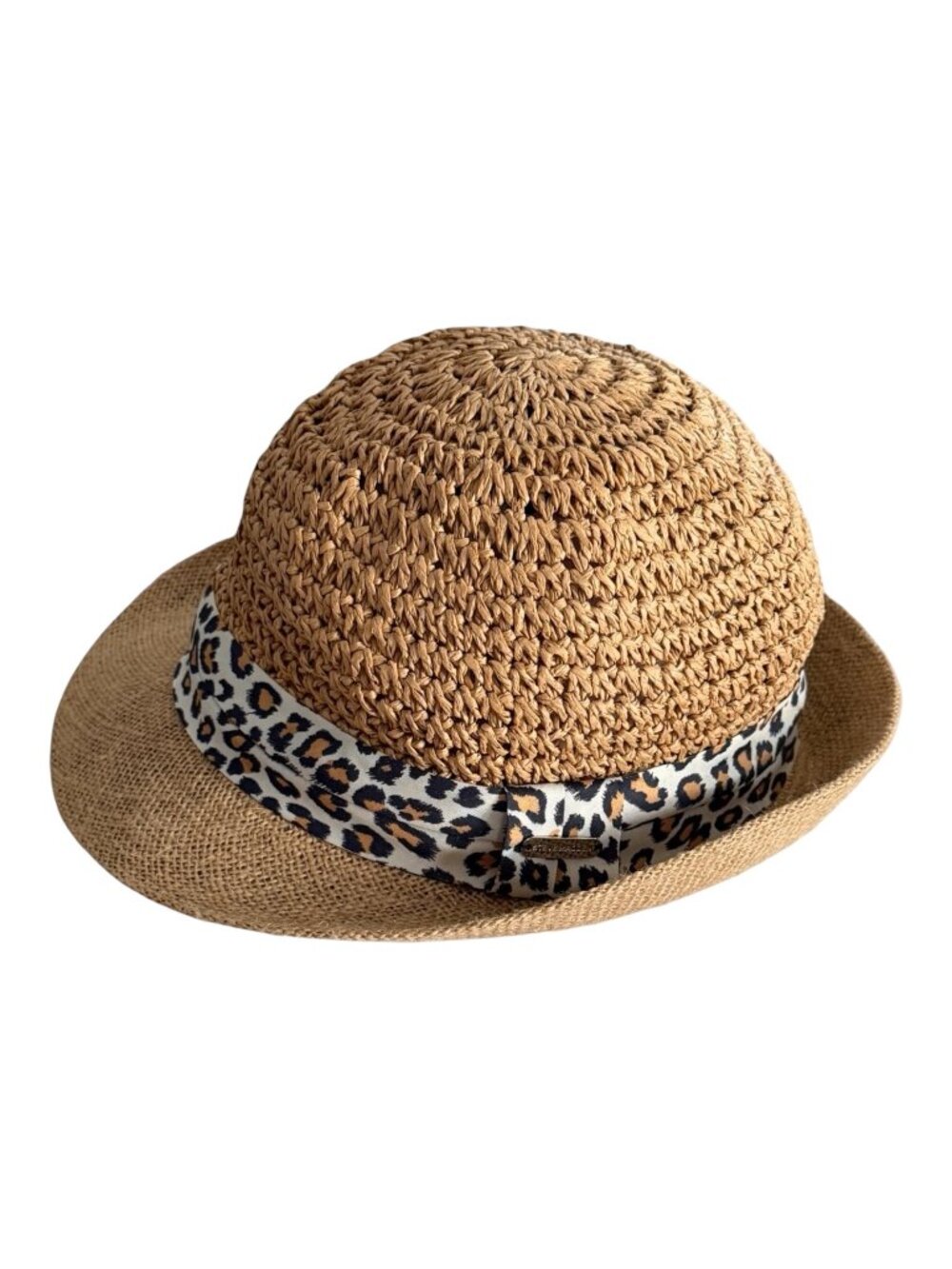 Steve Madden Crochet Fedora Hat Leopard Print Band Paper Yarn Jute Brim 22"